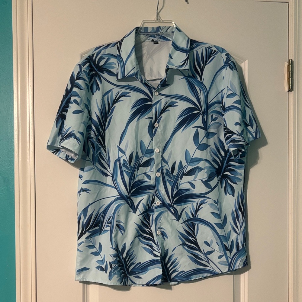 Blue Leaf Print Hawaiian Casual Button Down Shirt